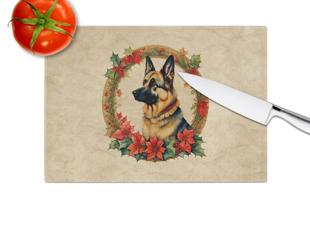NEW German Shepherd Christmas Flowers Glass Cutting Board Decorative Tempered Glass Kitchen Cutting and Serving Board Large Size Chopping Board