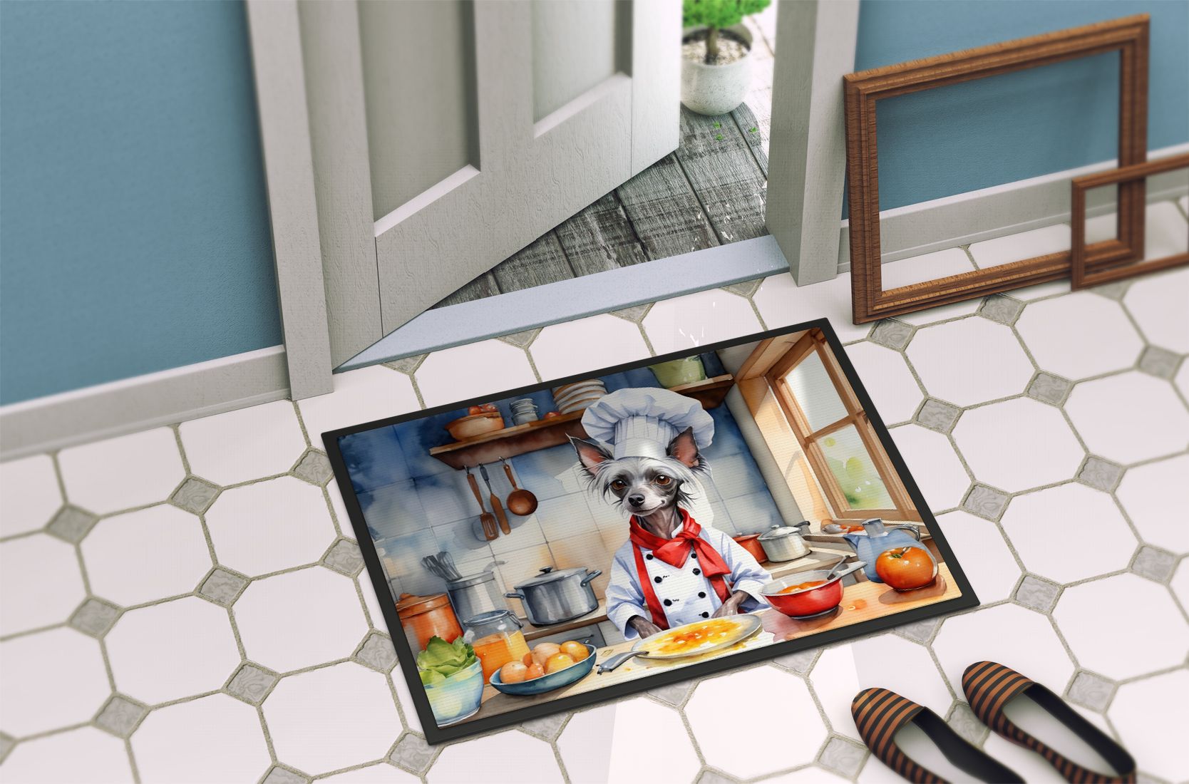 Chinese Crested The Chef Doormat Front Door Mat Indoor Outdoor Rugs for Entryway, Non Slip Washable Low Pile, 24H X 36W