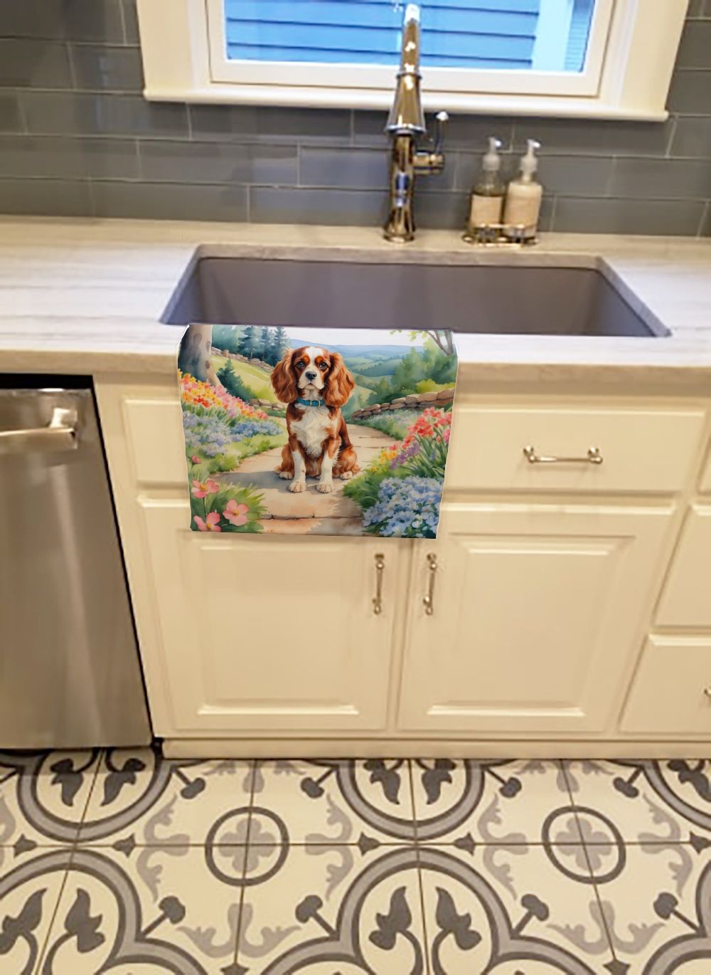 Cavalier Spaniel Spring Path Kitchen Towel Dish Cloths Guest Hand Towel Decorative Bathroom Towel for Face,Tea, Dishcloth, Kitchen and Bath
