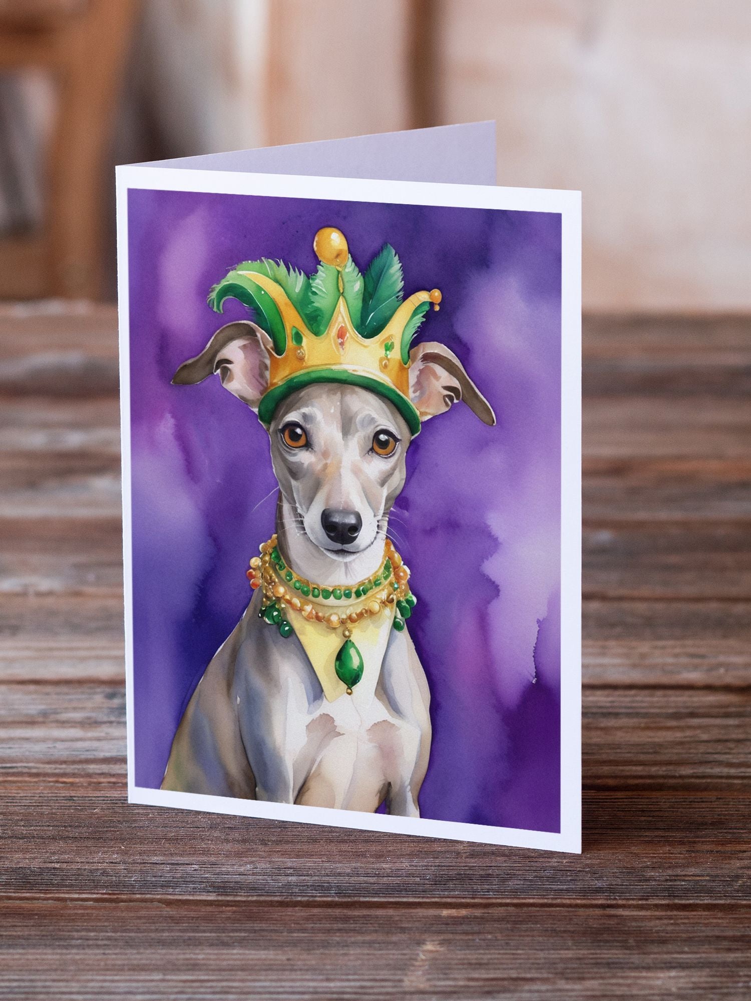 Whippet King of Mardi Gras Greeting Cards Pack of 8 Blank Cards with Envelopes Whimsical A7 Size 5x7 Blank Note Cards