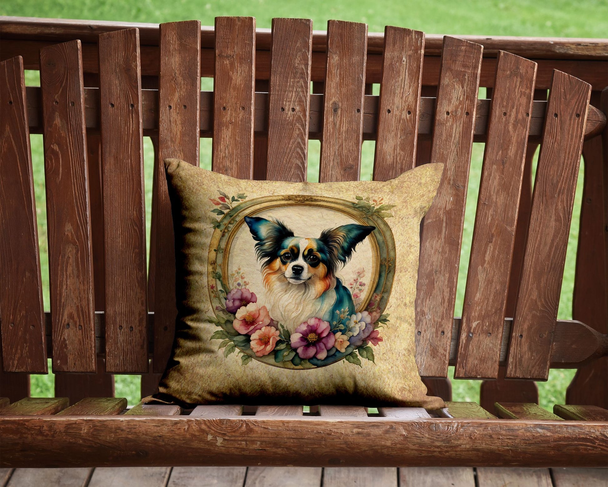 Papillon and Flowers Throw Pillow Machine Washable, Indoor Outdoor Decorative Pillow for Couch, Bed or Patio, 14Hx14W