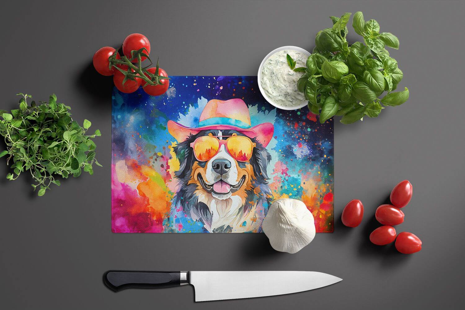 NEW Bernese Mountain Dog Hippie Dawg Glass Cutting Board Decorative Tempered Glass Kitchen Cutting and Serving Board Large Size Chopping Board