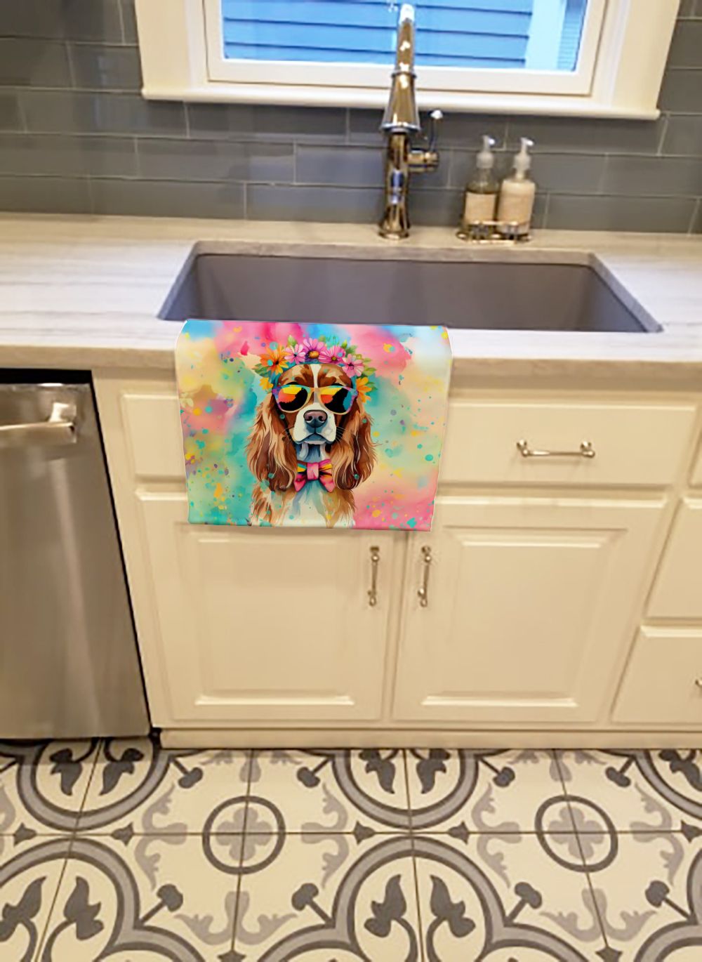 Cavalier Spaniel Hippie Dawg Kitchen Towel Dish Cloths Guest Hand Towel Decorative Bathroom Towel for Face,Tea, Dishcloth, Kitchen and Bath