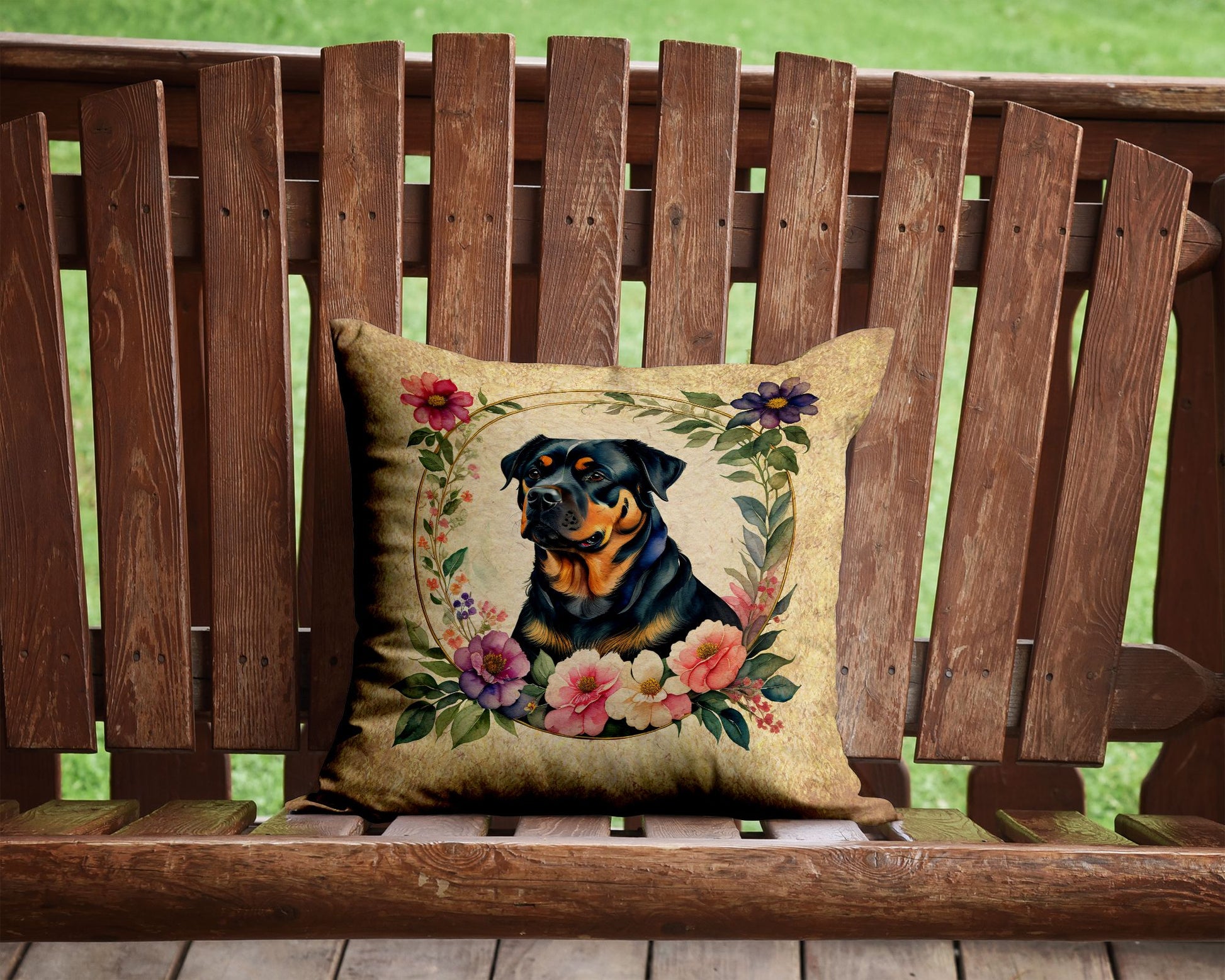 Rottweiler and Flowers Throw Pillow Machine Washable, Indoor Outdoor Decorative Pillow for Couch, Bed or Patio, 14Hx14W