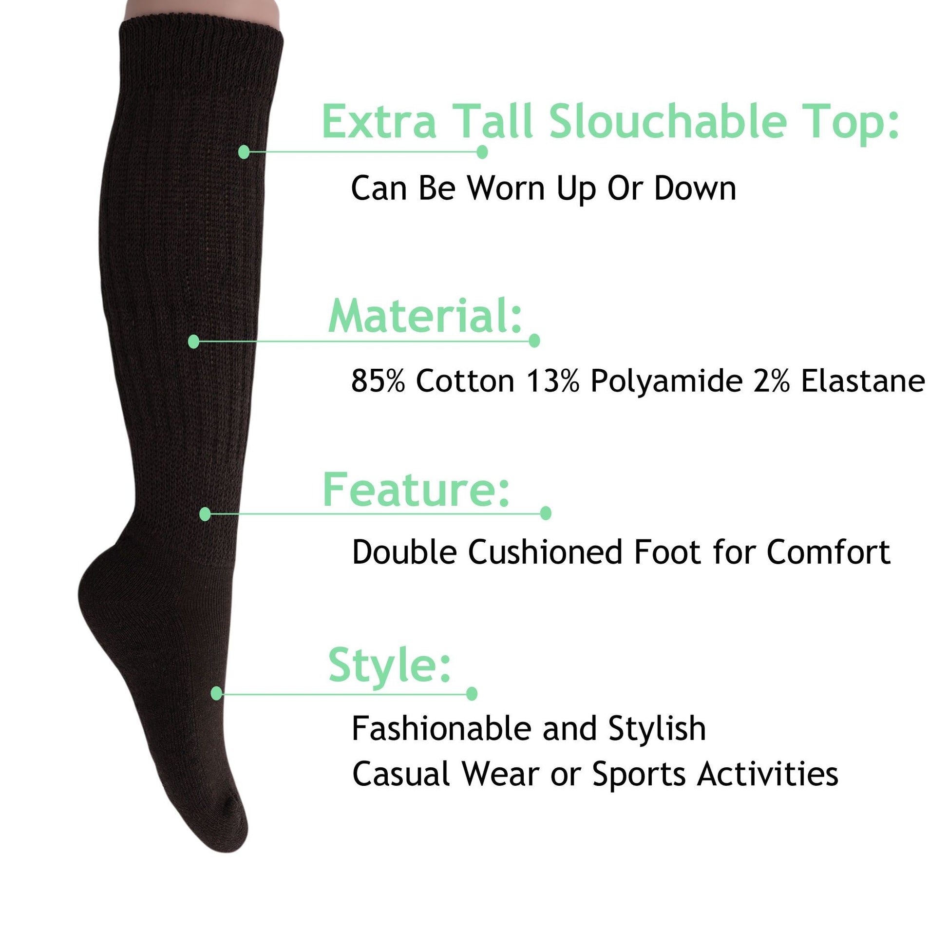 Women's Extra Long Slouch Scrunch Socks Knee High, Cotton Blend, Pack of 2, Fits Shoe Sizes 5-10, 80s Style, 28 Colors