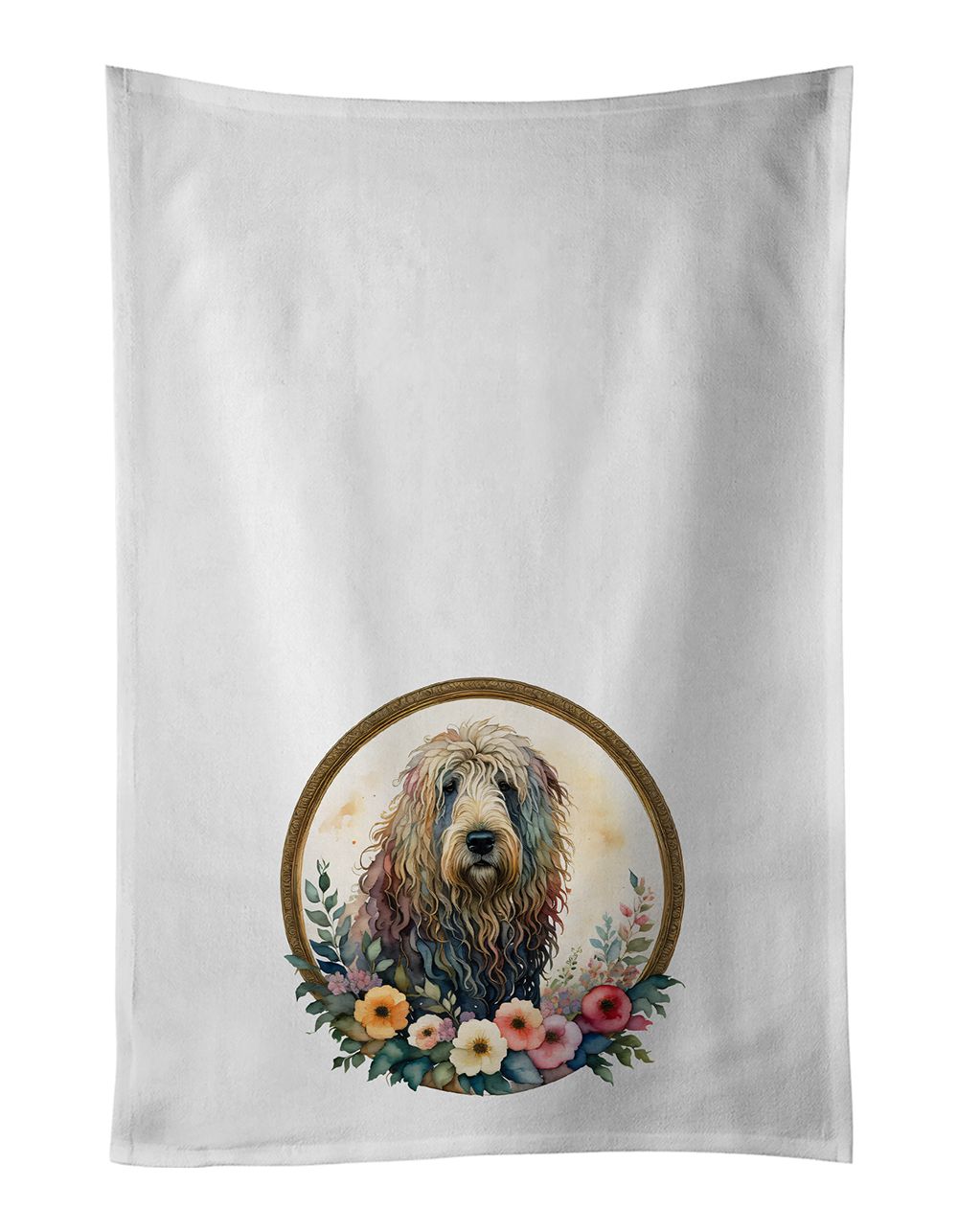Komondor and Flowers Kitchen Towel Set of 2 White Dish Towels Decorative Bathroom Hand towel for Hand, Face, Hair, Yoga, Tea, Dishcloth, 19 X 28", White