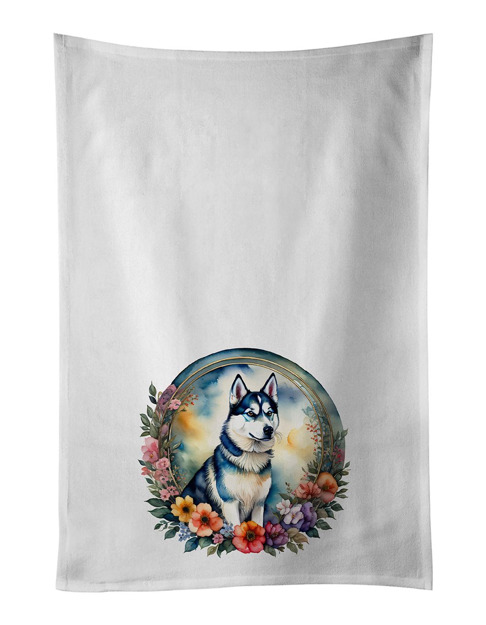 Siberian Husky and Flowers Kitchen Towel Set of 2 White Dish Towels Decorative Bathroom Hand towel for Hand, Face, Hair, Yoga, Tea, Dishcloth, 19 X 28", White