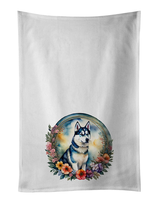 Siberian Husky and Flowers Kitchen Towel Set of 2 White Dish Towels Decorative Bathroom Hand towel for Hand, Face, Hair, Yoga, Tea, Dishcloth, 19 X 28", White
