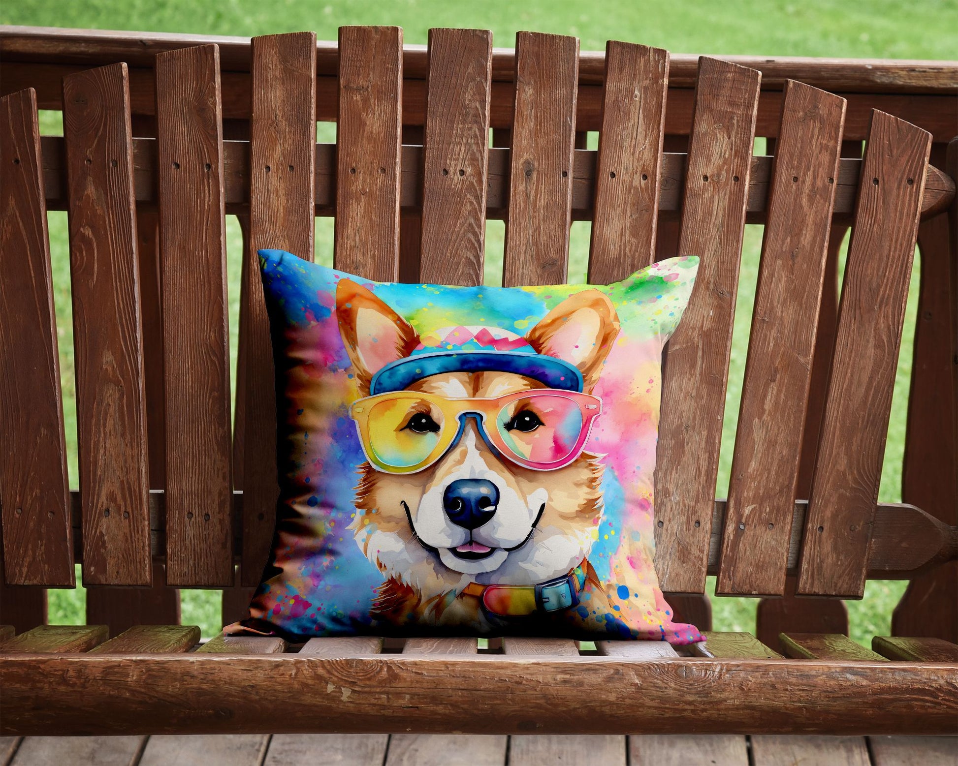 Corgi Hippie Dawg Throw Pillow Machine Washable, Indoor Outdoor Decorative Pillow for Couch, Bed or Patio, 14Hx14W