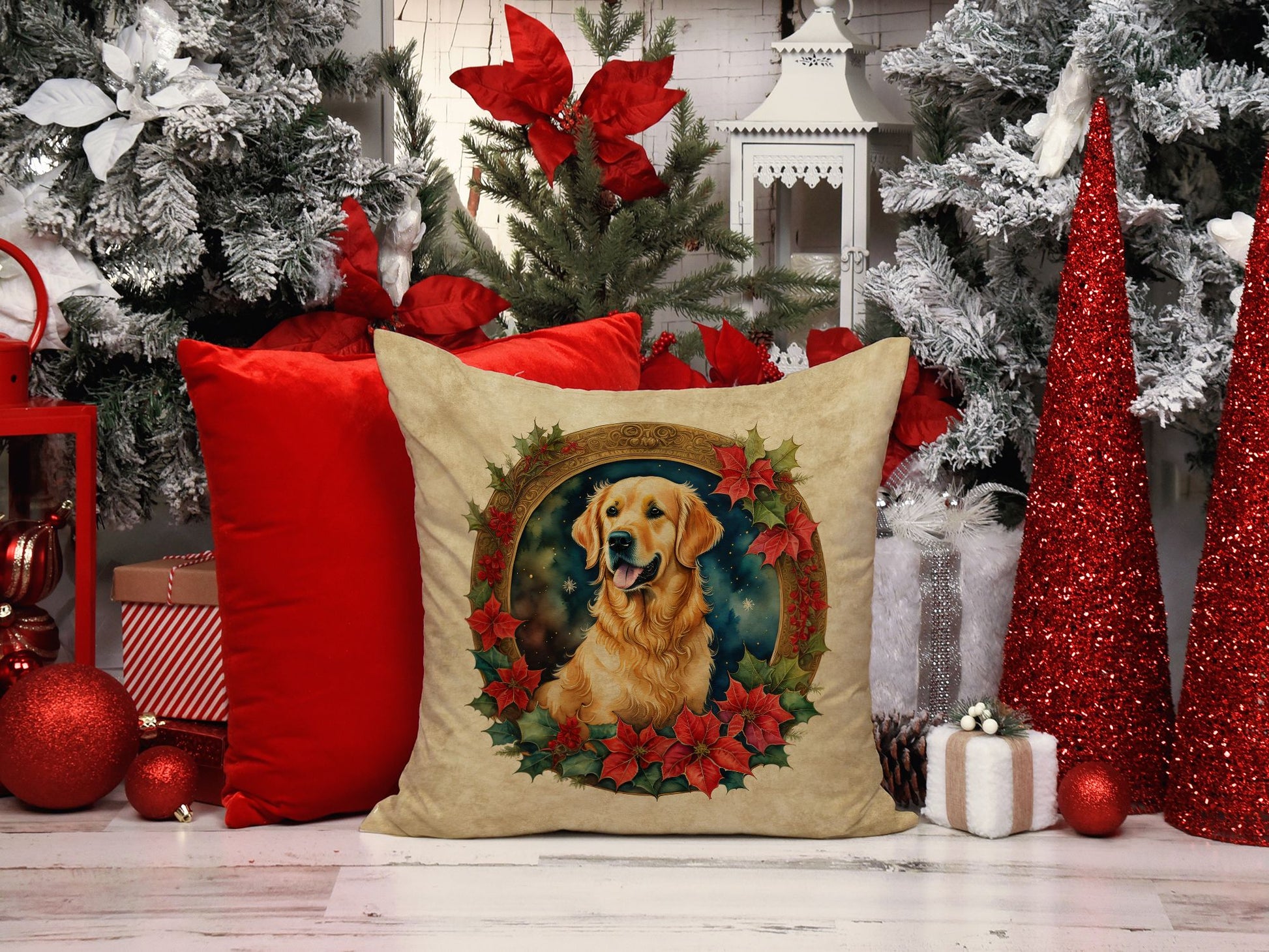 Golden Retriever Christmas Flowers Throw Pillow Machine Washable, Indoor Outdoor Decorative Pillow for Couch, Bed or Patio, 14Hx14W
