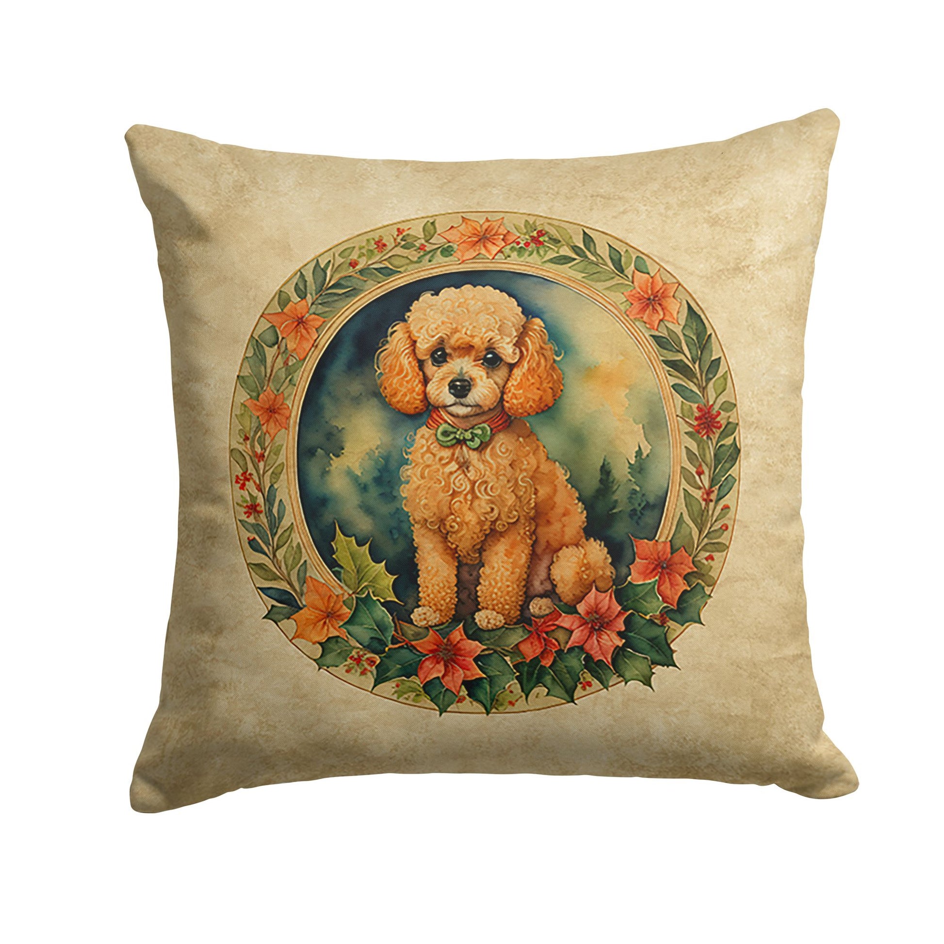 Poodle Christmas Flowers Throw Pillow Machine Washable, Indoor Outdoor Decorative Pillow for Couch, Bed or Patio, 14Hx14W