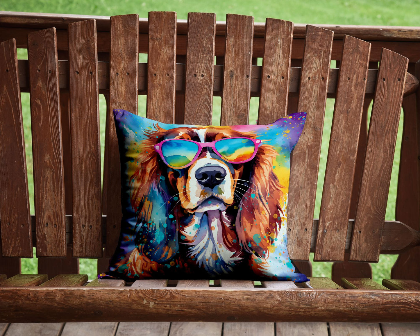 Cavalier Spaniel Hippie Dawg Throw Pillow Machine Washable, Indoor Outdoor Decorative Pillow for Couch, Bed or Patio, 14Hx14W