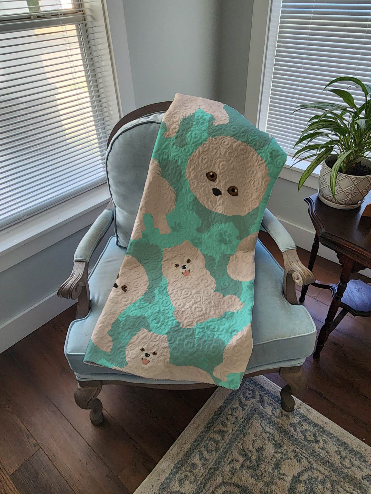 White Pomeranian Quilted Blanket 50x60 Artwork Pattern Quilted Throw Blanket for Bed, Couch, Sofa, Soft and Lightweight