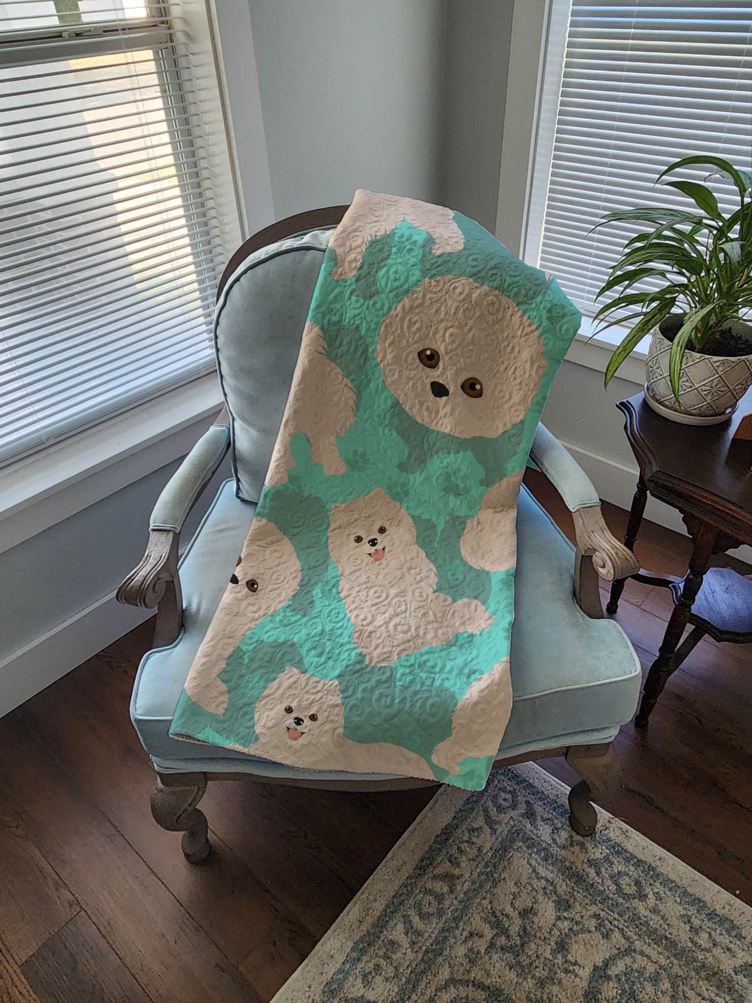 White Pomeranian Quilted Blanket 50x60 Artwork Pattern Quilted Throw Blanket for Bed, Couch, Sofa, Soft and Lightweight