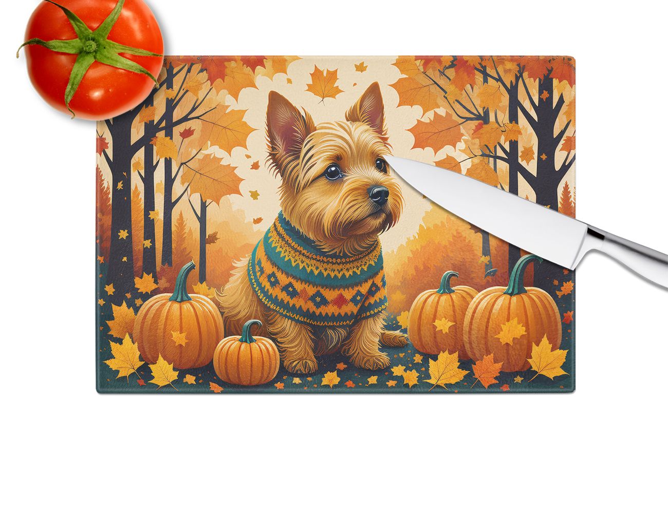 NEW Norwich Terrier Fall Glass Cutting Board Decorative Tempered Glass Kitchen Cutting and Serving Board Large Size Chopping Board