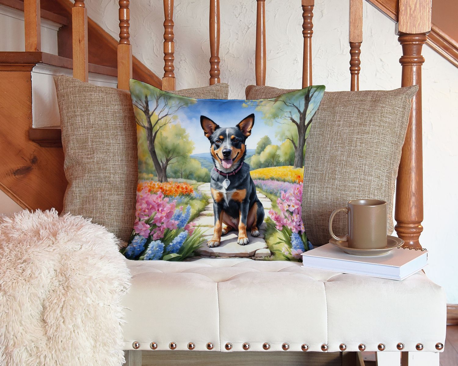 Australian Cattle Dog Spring Garden Throw Pillow Machine Washable, Indoor Outdoor Decorative Pillow for Couch, Bed or Patio, 14Hx14W