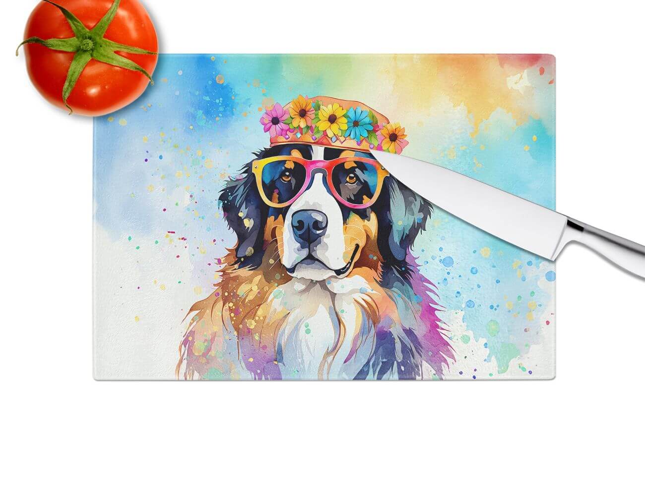 NEW Bernese Mountain Dog Hippie Dawg Glass Cutting Board Decorative Tempered Glass Kitchen Cutting and Serving Board Large Size Chopping Board