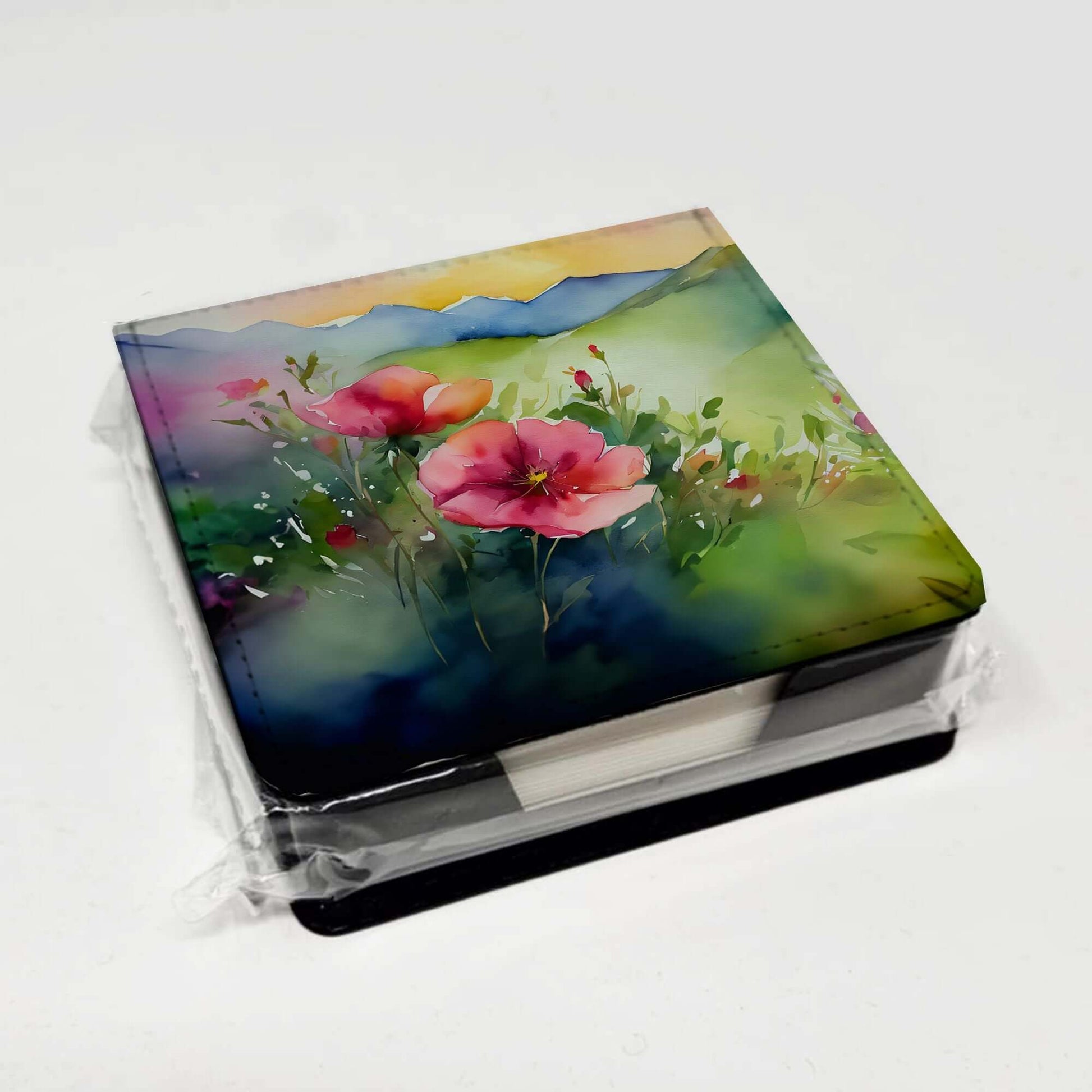 North Dakota Wild Prairie Roses in Watercolor PU Leather Note Paper Holder with Artist-Designed Cover, Desk Accessory, Office Gift