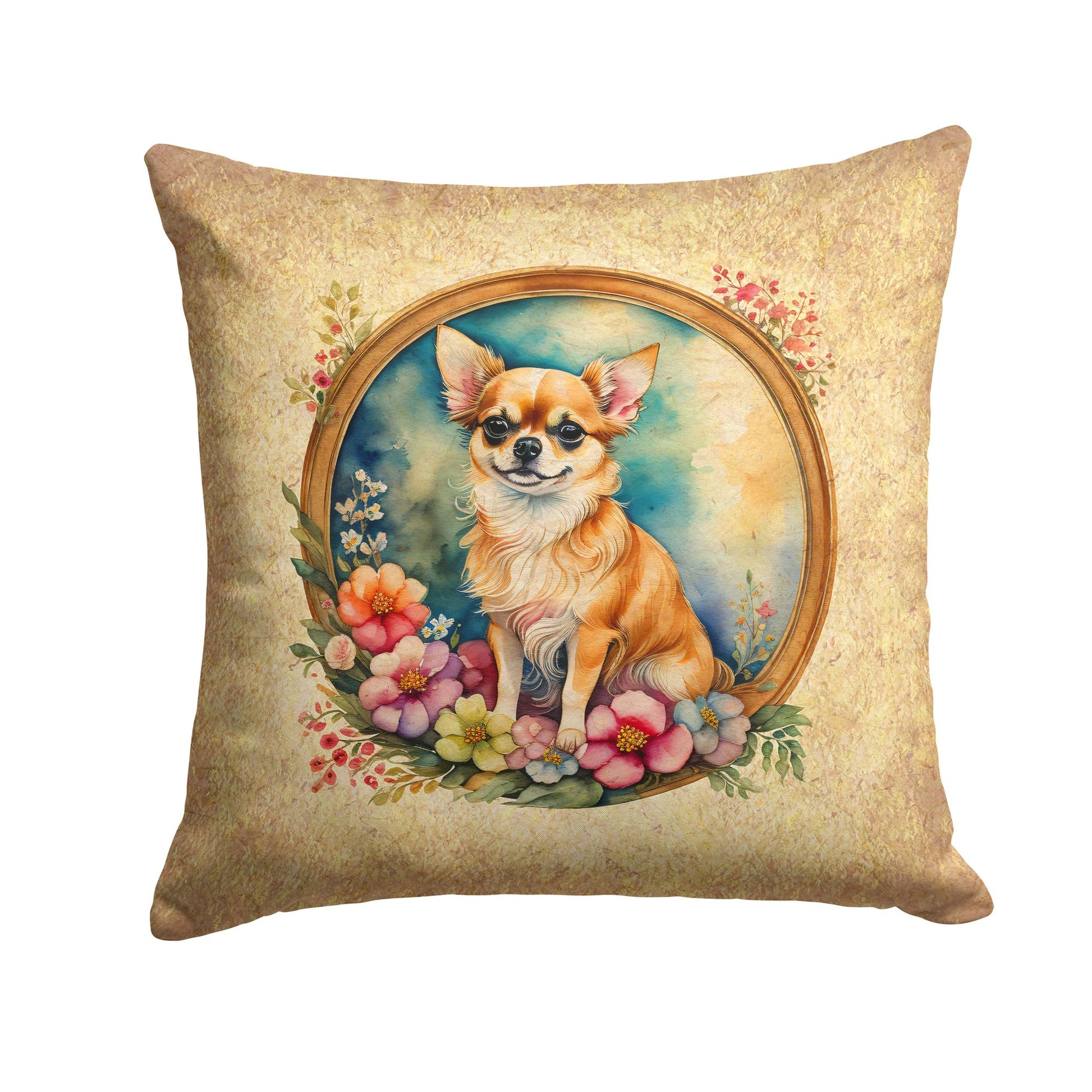 Chihuahua and Flowers Throw Pillow Machine Washable, Indoor Outdoor Decorative Pillow for Couch, Bed or Patio, 14Hx14W