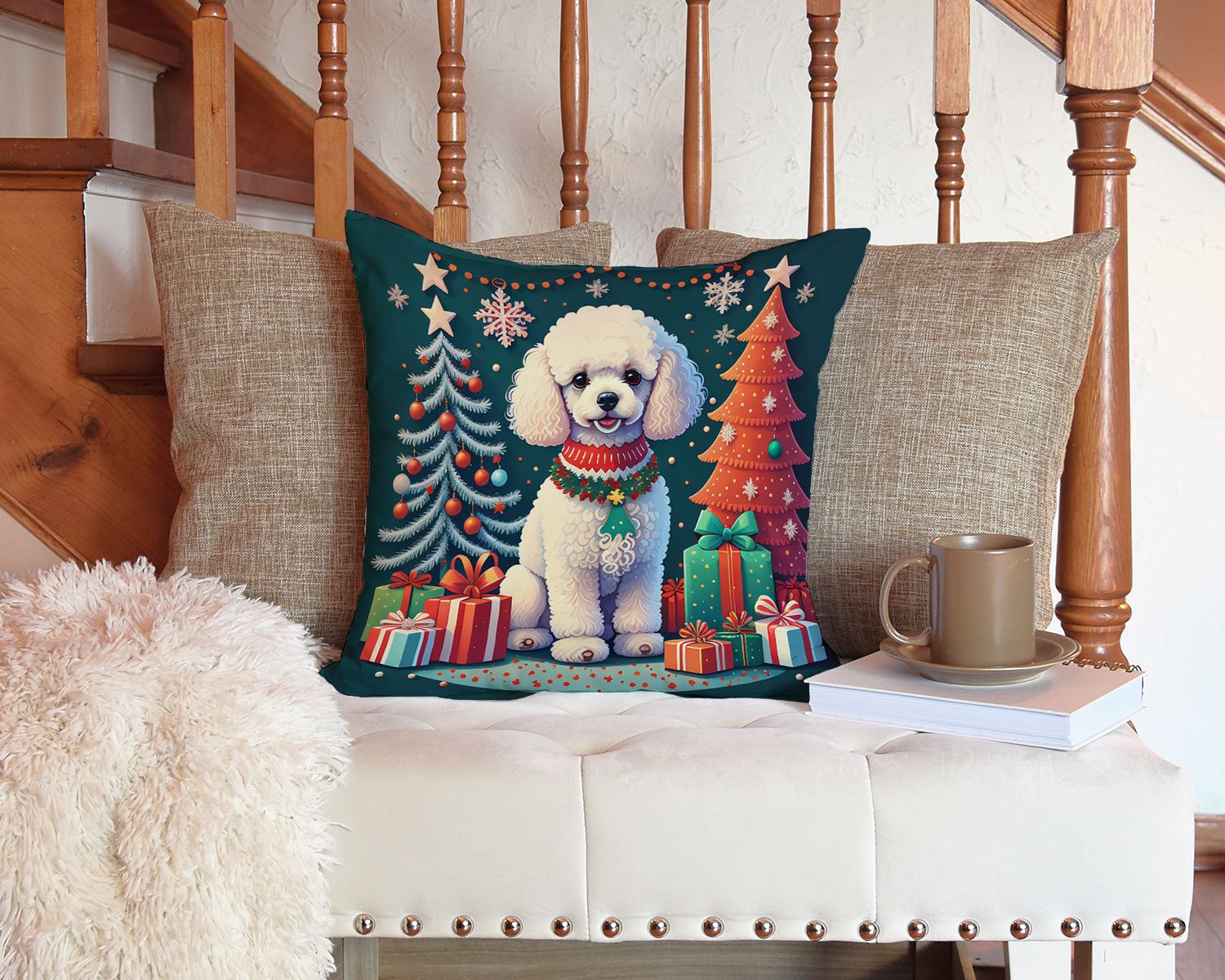 White Toy Poodle Christmas Throw Pillow Machine Washable, Indoor Outdoor Decorative Pillow for Couch, Bed or Patio, 14Hx14W