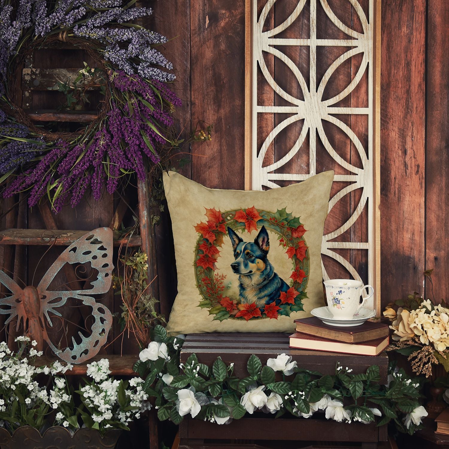 Australian Cattle Dog Christmas Flowers Throw Pillow Machine Washable, Indoor Outdoor Decorative Pillow for Couch, Bed or Patio, 14Hx14W