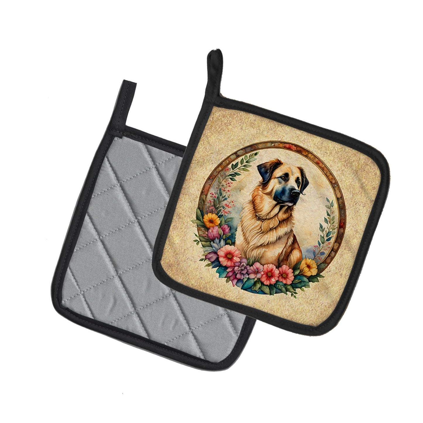 Anatolian Shepherd Dog and Flowers Pair of Pot Holders Kitchen Heat Resistant Pot Holders Sets Oven Hot Pads for Cooking Baking BBQ, 7 1/2 x 7 1/2