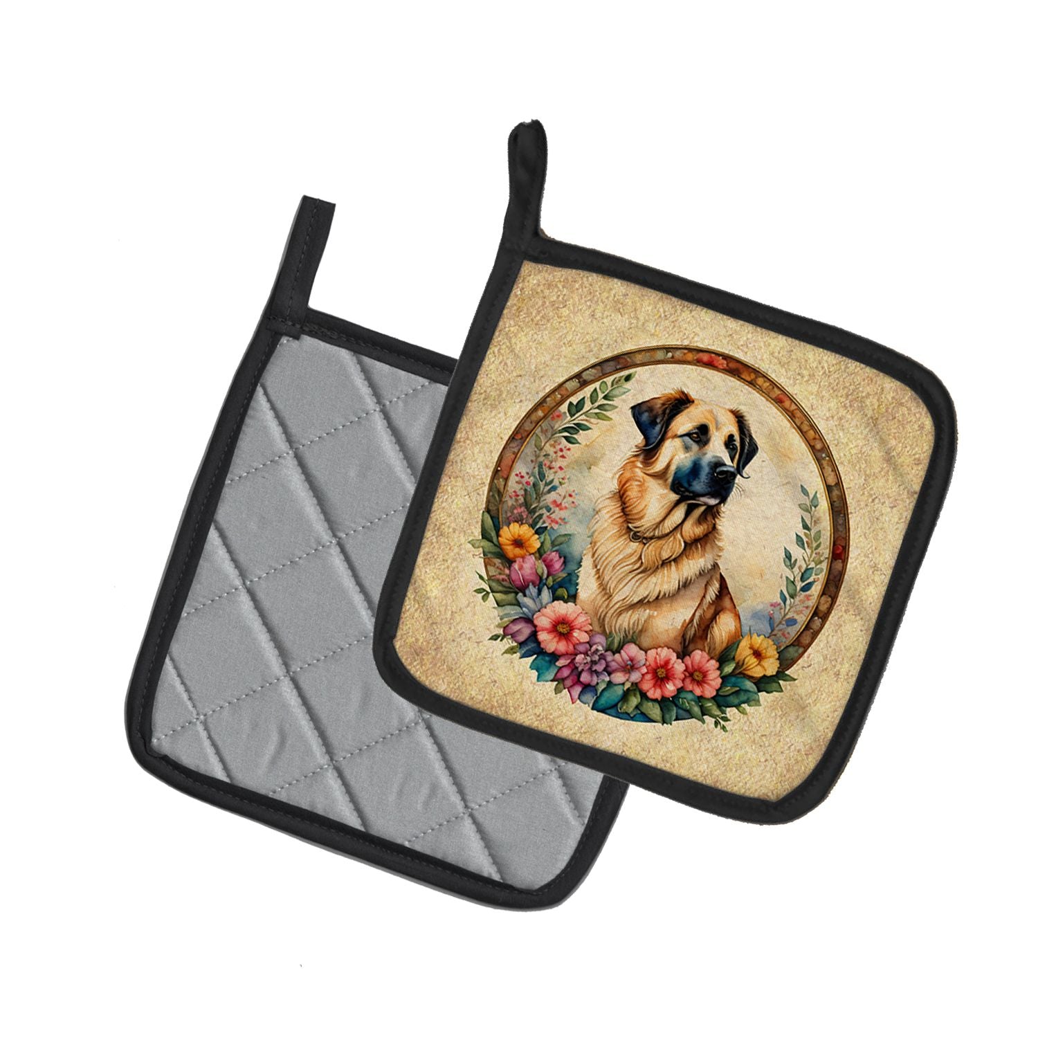 Anatolian Shepherd Dog and Flowers Pair of Pot Holders Kitchen Heat Resistant Pot Holders Sets Oven Hot Pads for Cooking Baking BBQ, 7 1/2 x 7 1/2