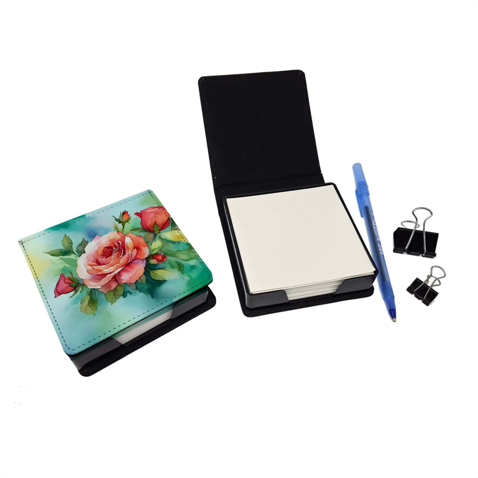 Oklahoma Roses in Watercolor PU Leather Note Paper Holder with Artist-Designed Cover, Desk Accessory, Office Gift