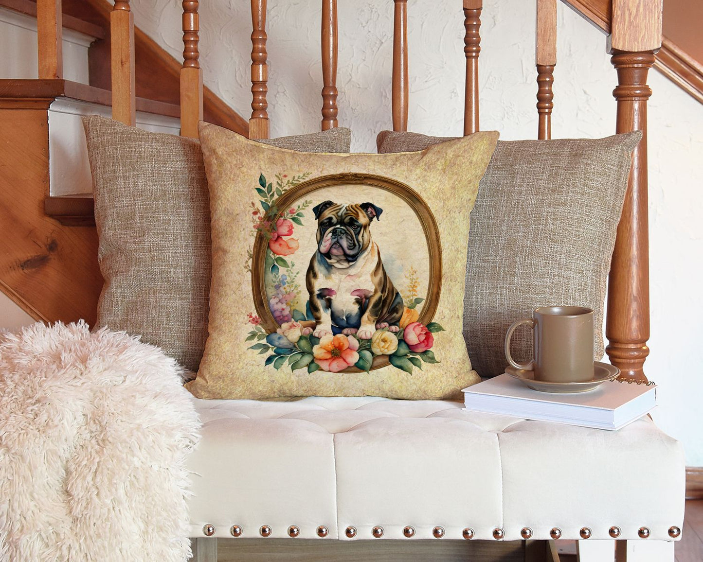 English Bulldog and Flowers Throw Pillow Machine Washable, Indoor Outdoor Decorative Pillow for Couch, Bed or Patio, 14Hx14W