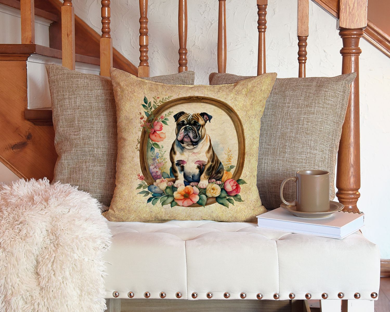 English Bulldog and Flowers Throw Pillow Machine Washable, Indoor Outdoor Decorative Pillow for Couch, Bed or Patio, 14Hx14W
