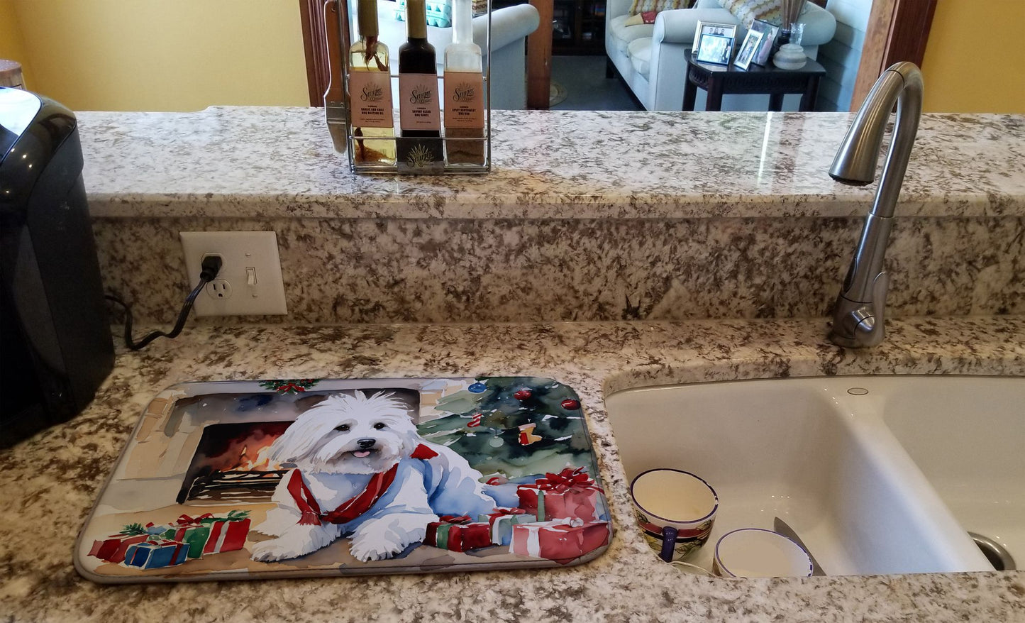 Coton De Tulear Cozy Christmas Dish Drying Mat Absorbent Dish Drying Mat Pad for Kitchen Counter Dish Drainer Mat for Countertop, 14 x 21", Multicolor