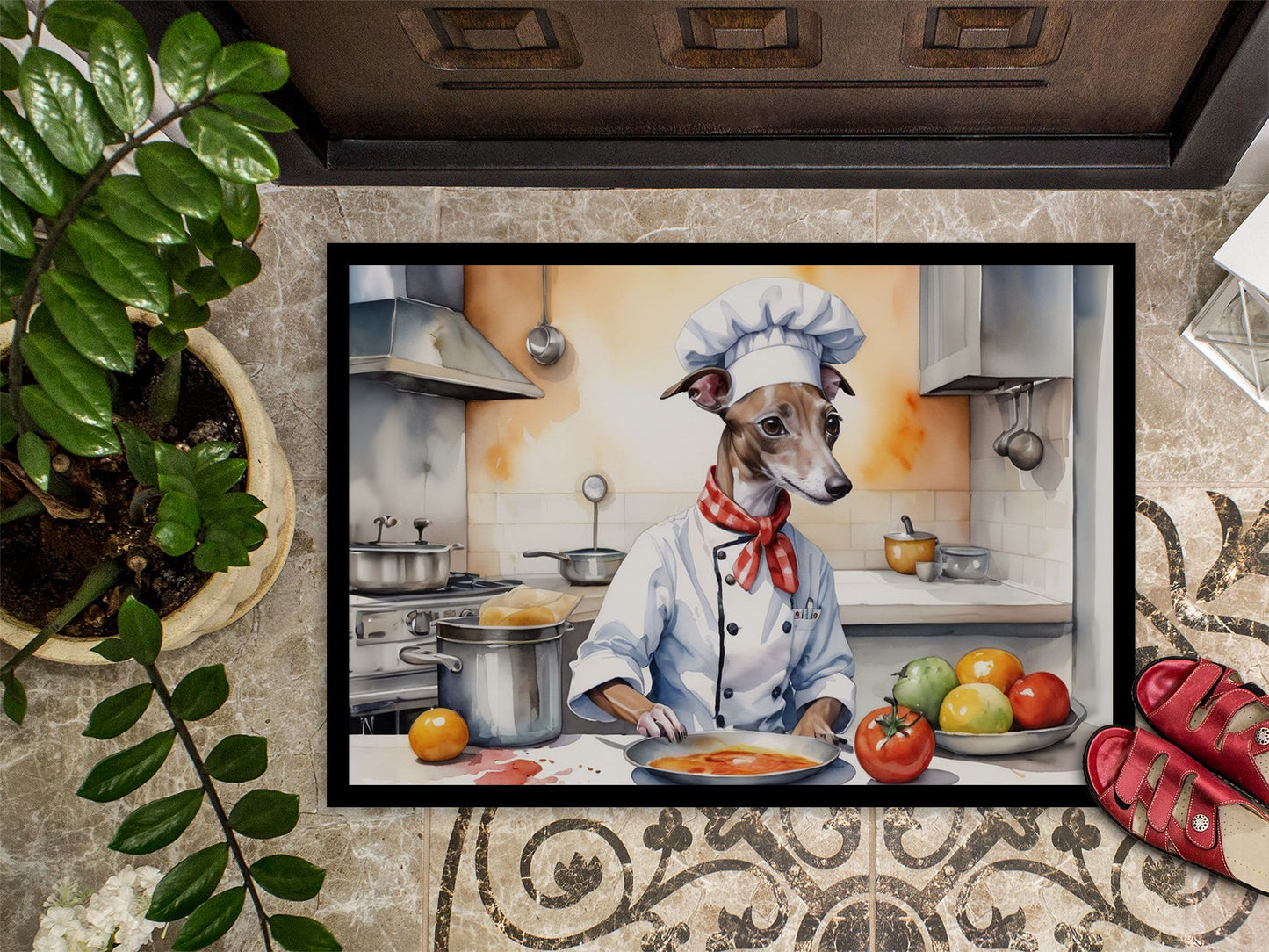 Italian Greyhound The Chef Doormat Front Door Mat Indoor Outdoor Rugs for Entryway, Non Slip Washable Low Pile, 24H X 36W