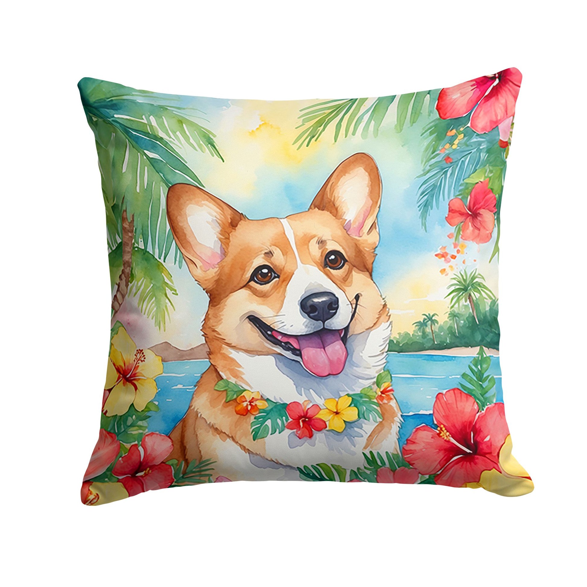 Corgi Luau Throw Pillow Machine Washable, Indoor Outdoor Decorative Pillow for Couch, Bed or Patio, 14Hx14W
