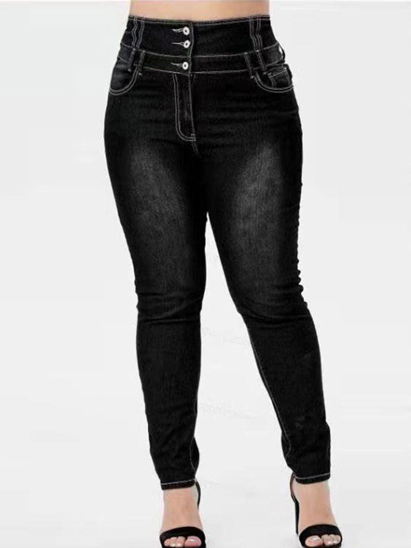 Plus Size High Rise Button Fly Skinny Jeans; Women's Plus Medium Stretch Skinny Pants