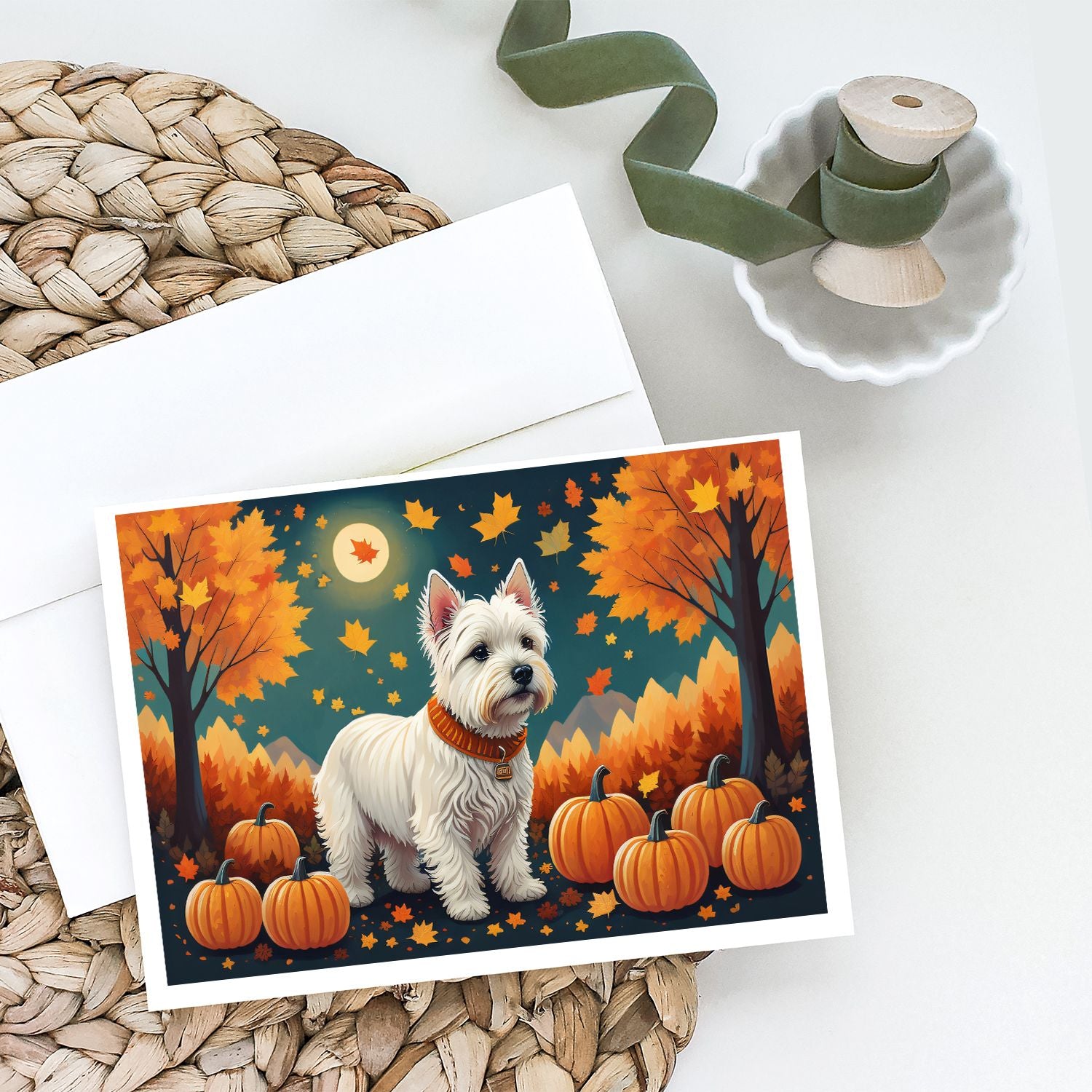 Westie Fall Greeting Cards Pack of 8 Blank Cards with Envelopes Whimsical A7 Size 5x7 Blank Note Cards