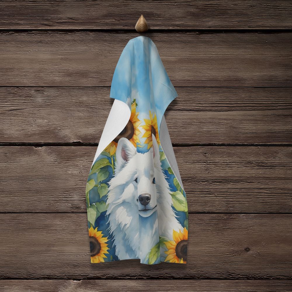 American Eskimo in Sunflowers Kitchen Towel Dish Cloths Guest Hand Towel Decorative Bathroom Towel for Face,Tea, Dishcloth, Kitchen and Bath