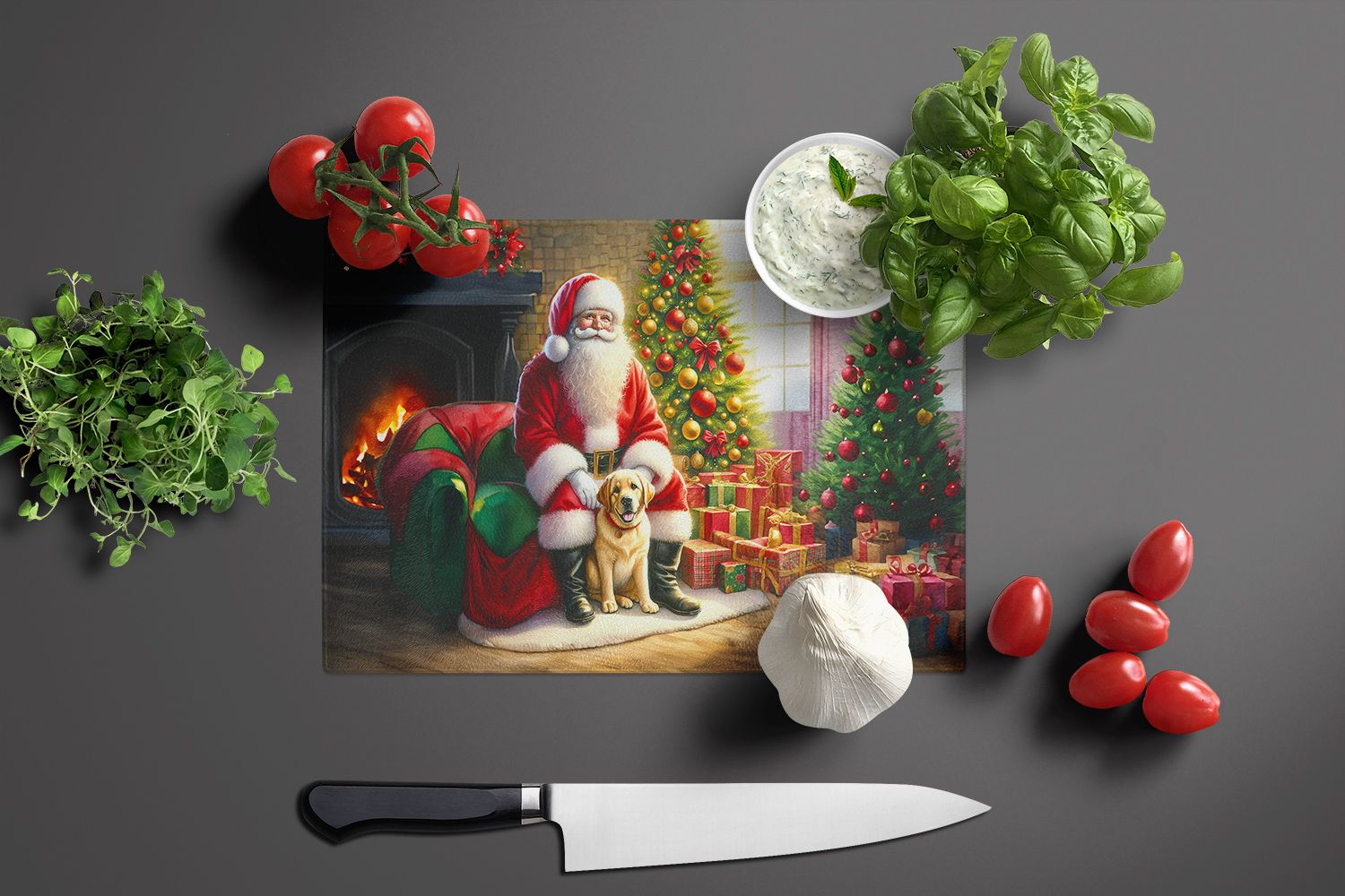 Labrador Retriever and Santa Claus Glass Cutting Board Decorative Tempered Glass Kitchen Cutting and Serving Board Large Size Chopping Board