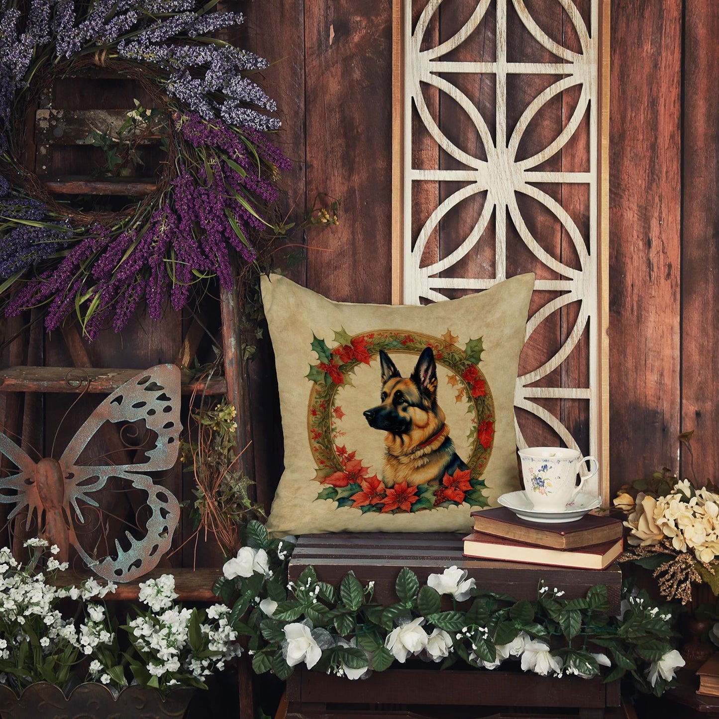 German Shepherd Christmas Flowers Throw Pillow Machine Washable, Indoor Outdoor Decorative Pillow for Couch, Bed or Patio, 14Hx14W