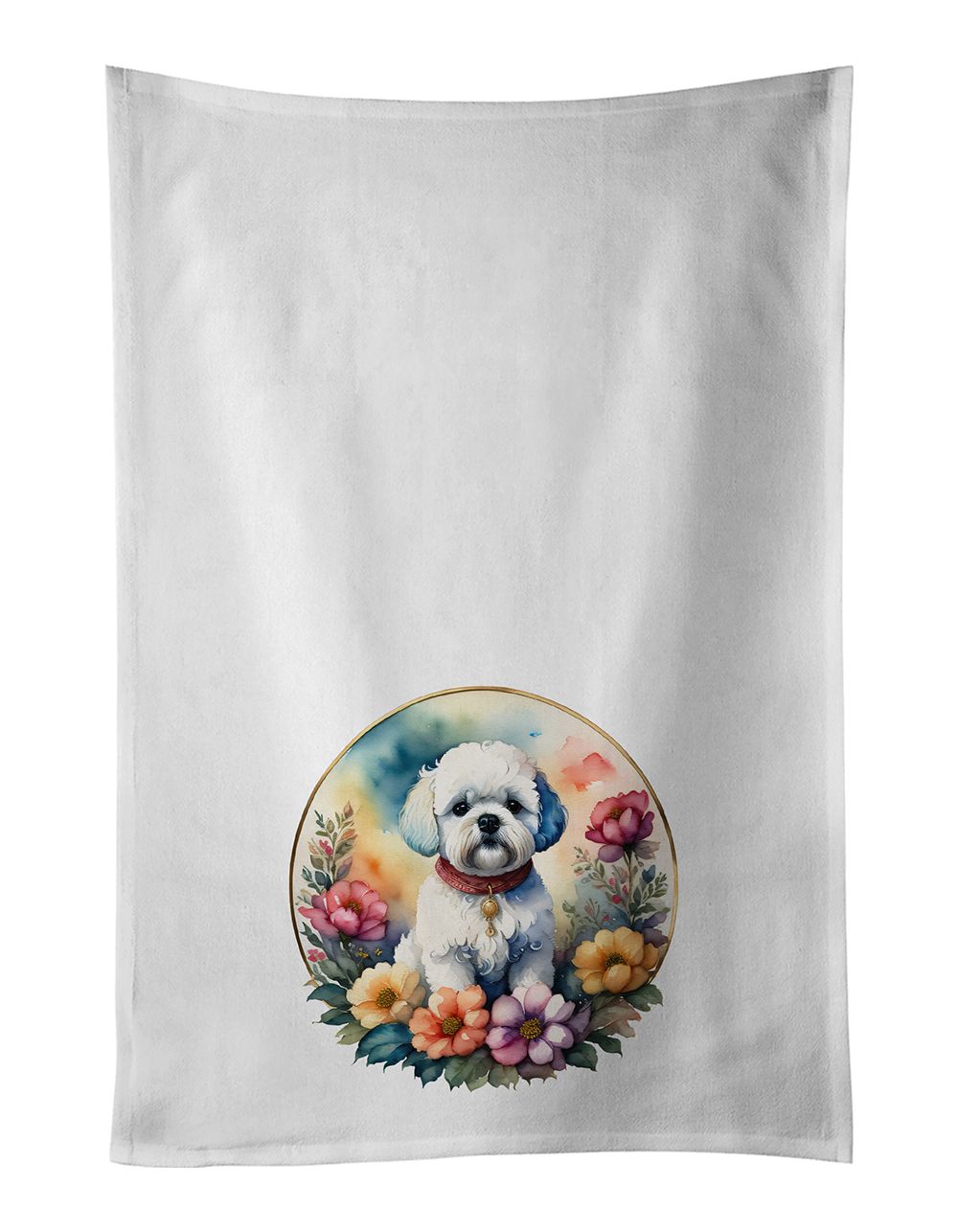 Bichon Frise and Flowers Kitchen Towel Set of 2 White Dish Towels Decorative Bathroom Hand towel for Hand, Face, Hair, Yoga, Tea, Dishcloth, 19 X 28", White