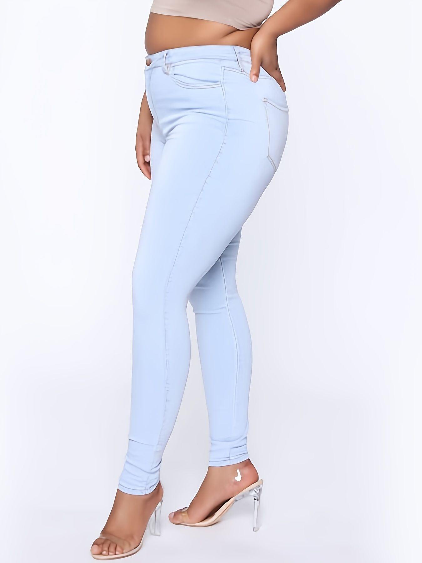 Plus Size High Rise Button Fly Skinny Jeans; Women's Plus Slight Stretch Casual Denim Skinny Pants