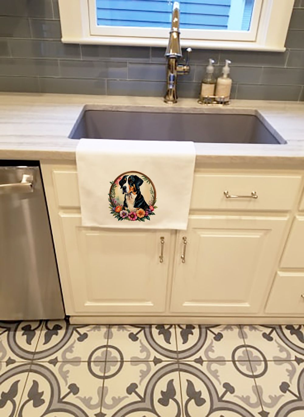 Greater Swiss Mountain Dog and Flowers Kitchen Towel Set of 2 White Dish Towels Decorative Bathroom Hand towel for Hand, Face, Hair, Yoga, Tea, Dishcloth, 19 X 28", White