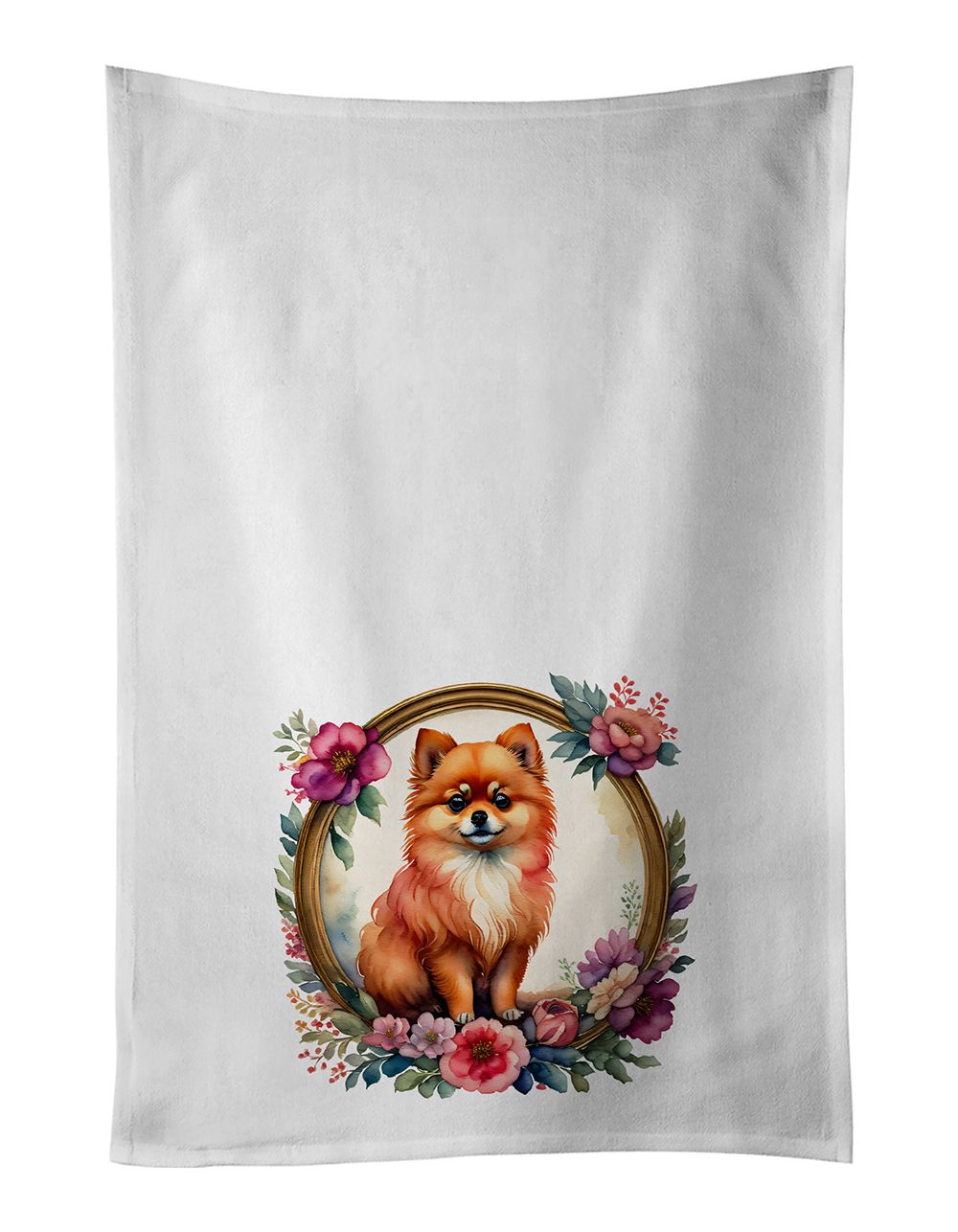 Pomeranian and Flowers Kitchen Towel Set of 2 White Dish Towels Decorative Bathroom Hand towel for Hand, Face, Hair, Yoga, Tea, Dishcloth, 19 X 28", White