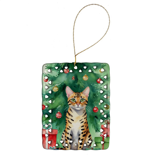 Bengal Cat By the Christmas Tree Porcelain Ornament Christmas Tree Hanging Decorations for Home Christmas Holiday, Rectangle, Gift, Multicolor - Clothes For Her Online Store