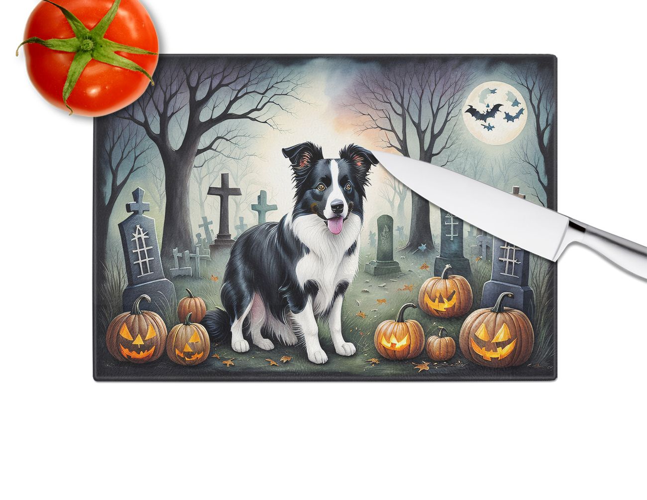 NEW Border Collie Spooky Halloween Glass Cutting Board Decorative Tempered Glass Kitchen Cutting and Serving Board Large Size Chopping Board