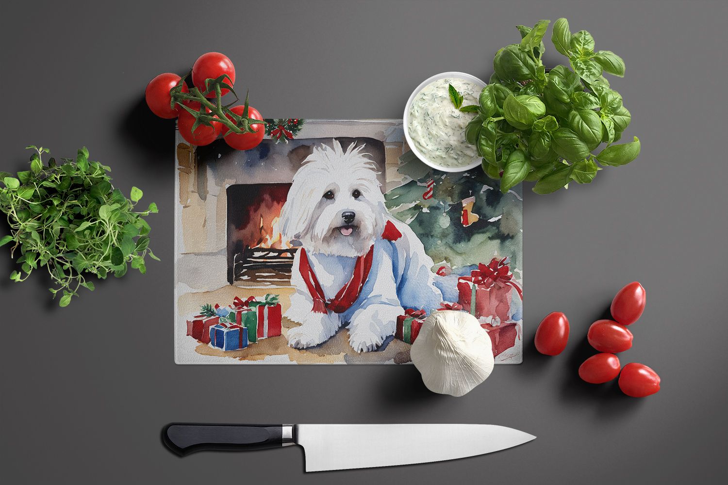 NEW Coton De Tulear Cozy Christmas Glass Cutting Board Decorative Tempered Glass Kitchen Cutting and Serving Board Large Size Chopping Board