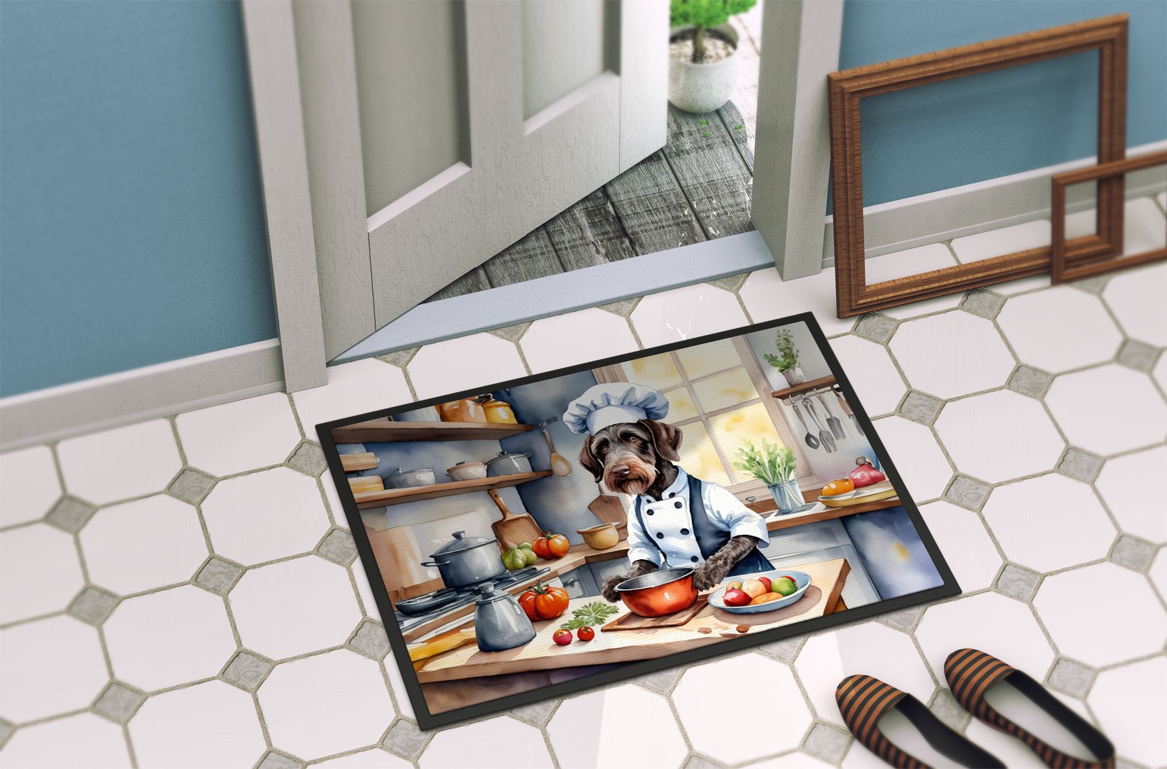 German Wirehaired Pointer The Chef Doormat Front Door Mat Indoor Outdoor Rugs for Entryway, Non Slip Washable Low Pile, 24H X 36W