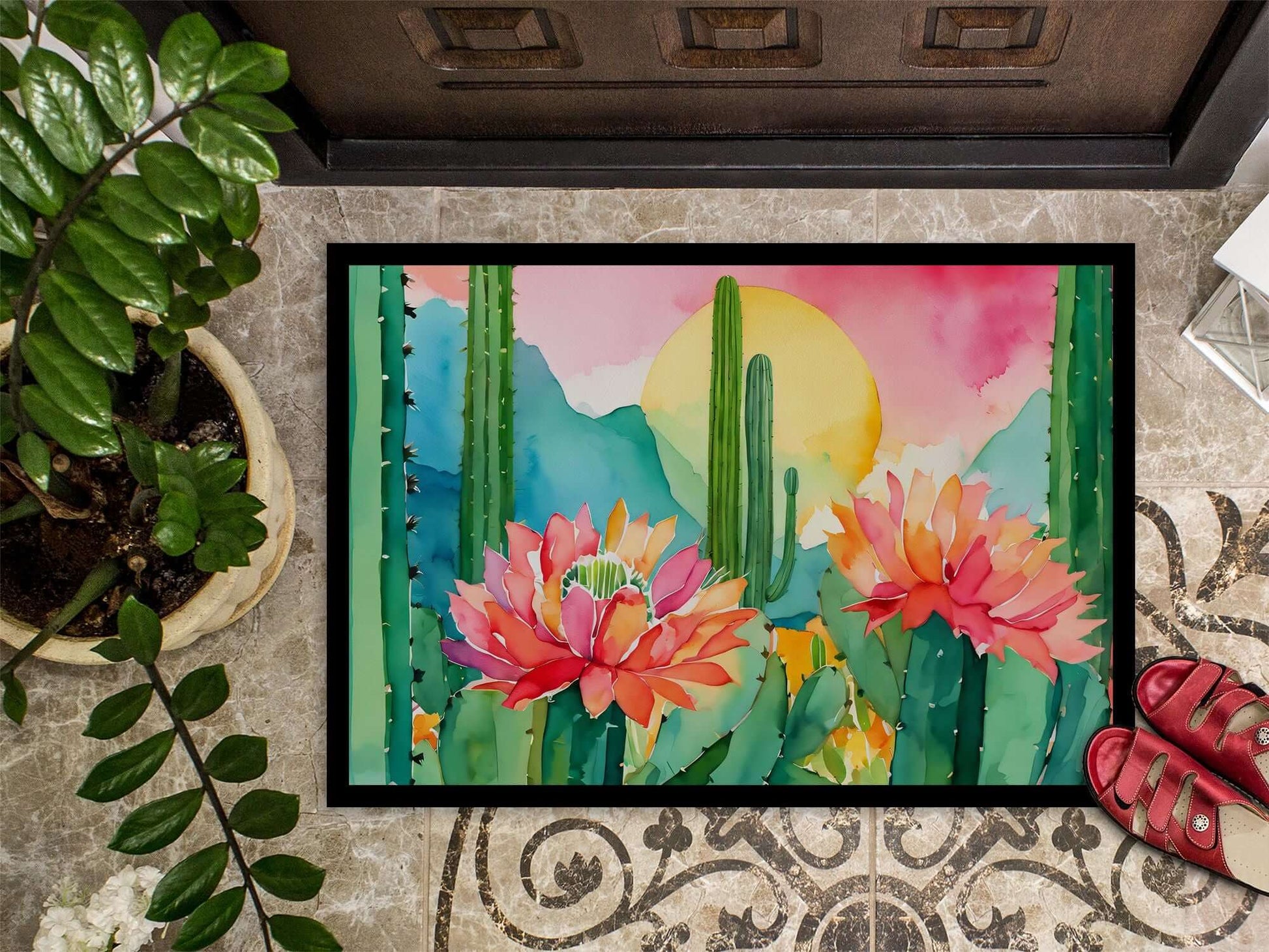 Arizona Saguaro Cactus Blossom in Watercolor Doormat Front Door Mat Indoor Outdoor Rugs for Entryway, Non Slip Washable Low Pile, 24H X 36W