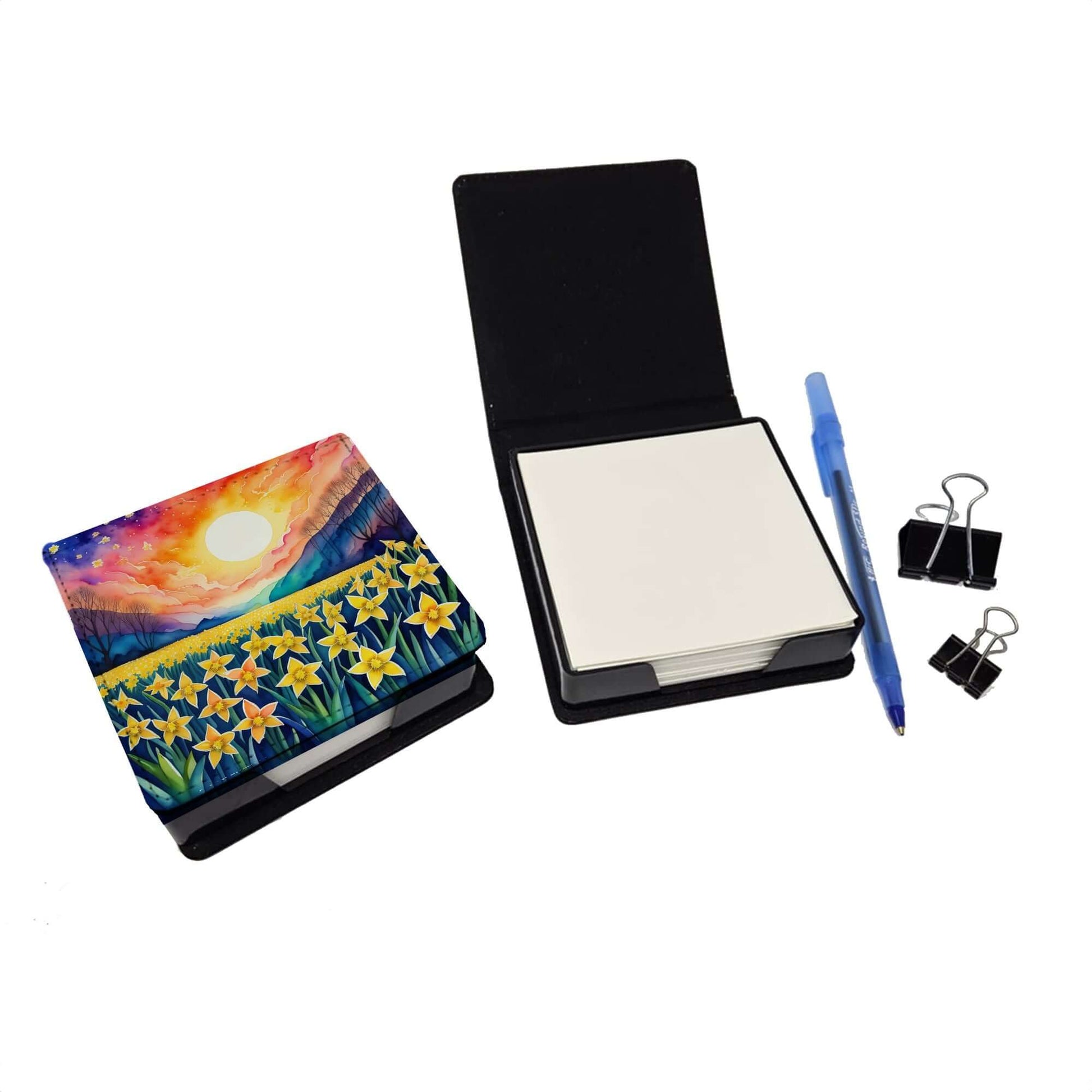 Colorful Daffodils PU Leather Note Paper Holder with Artist-Designed Cover, Desk Accessory, Office Gift
