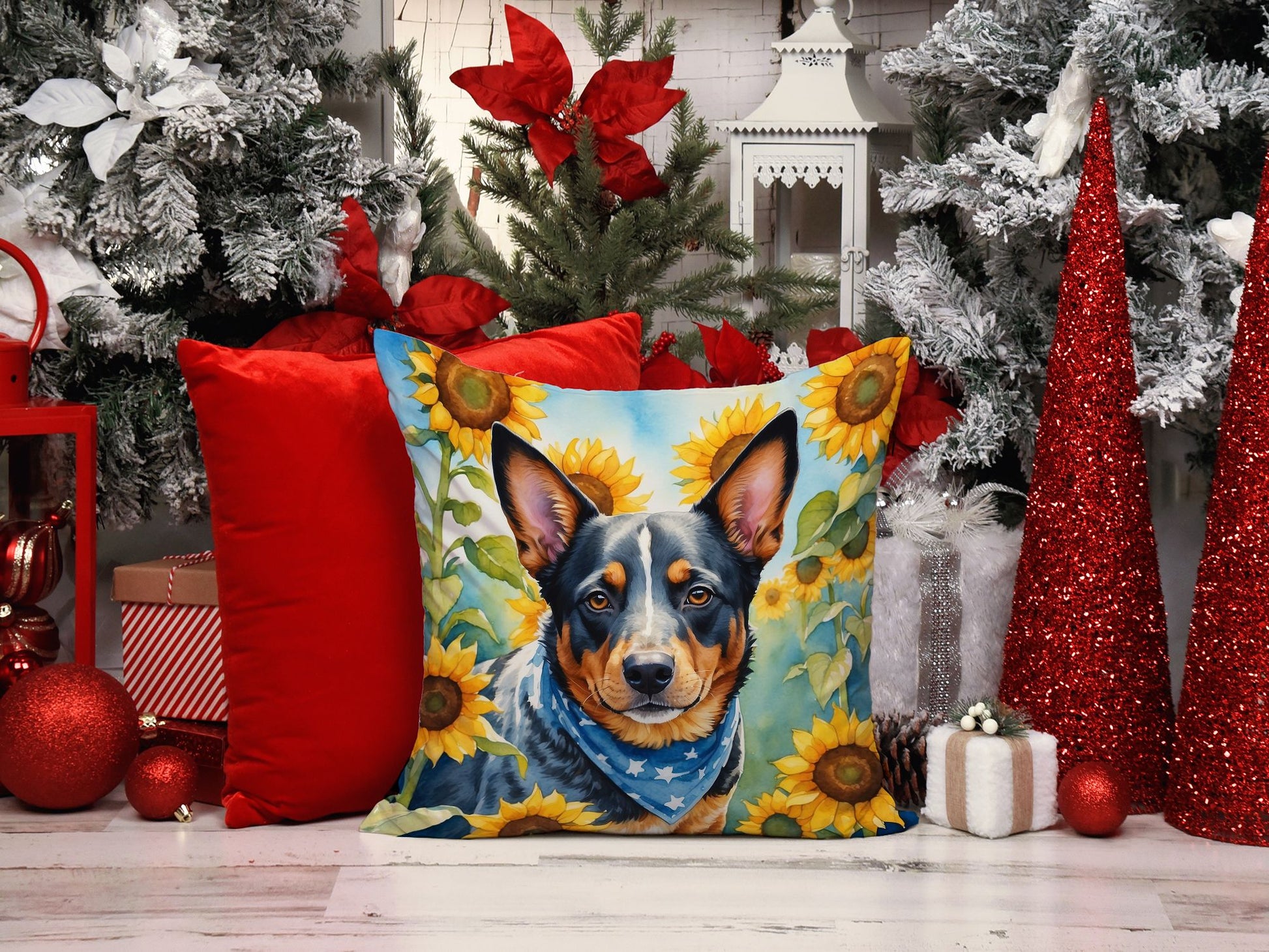 Australian Cattle Dog in Sunflowers Throw Pillow Machine Washable, Indoor Outdoor Decorative Pillow for Couch, Bed or Patio, 14Hx14W