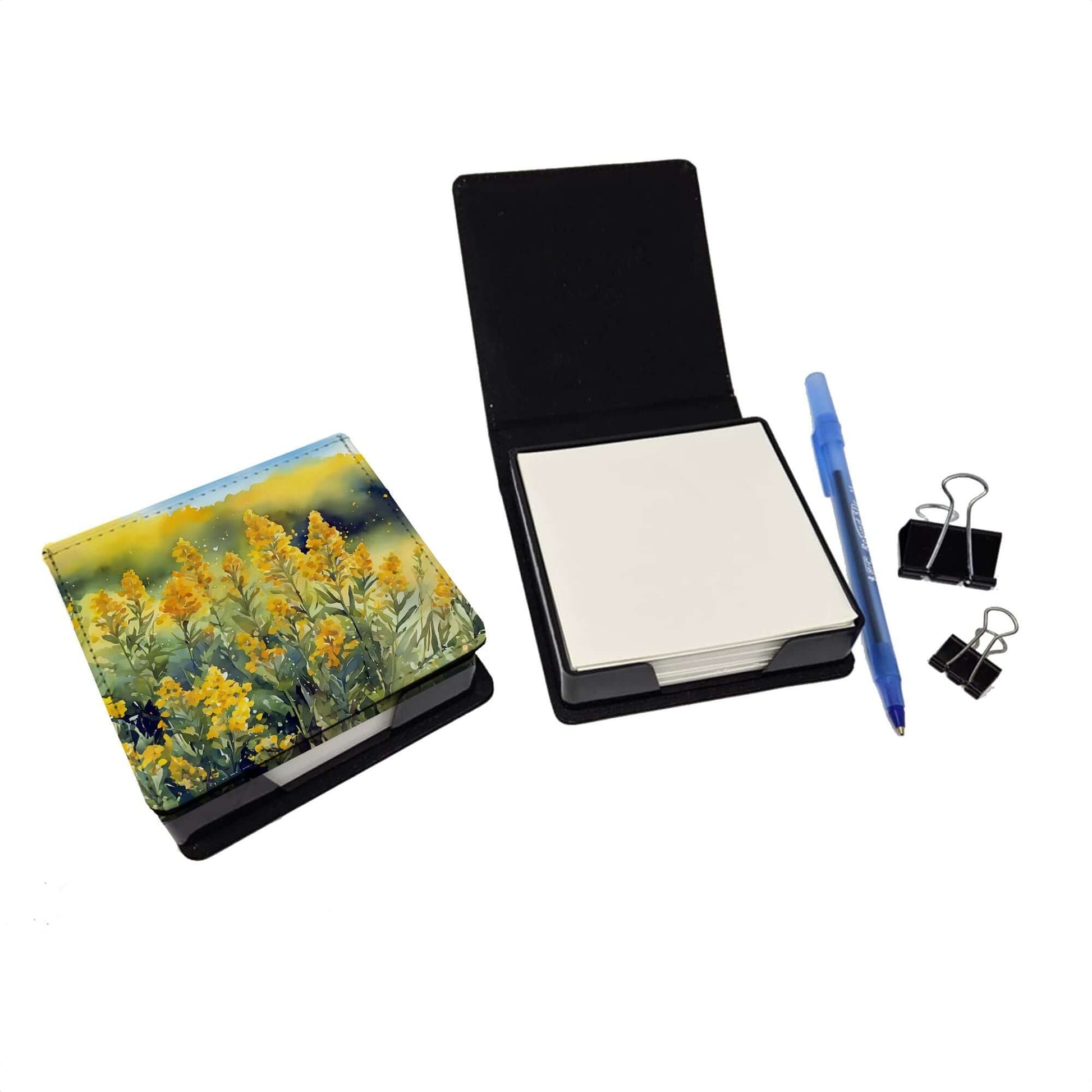 Nebraska Goldenrod in Watercolor PU Leather Note Paper Holder with Artist-Designed Cover, Desk Accessory, Office Gift
